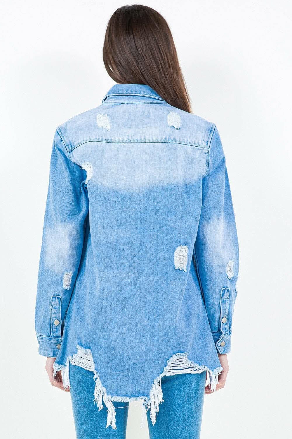 American Bazi Frayed Hem Distressed Denim Shirt Jacket - Love Salve